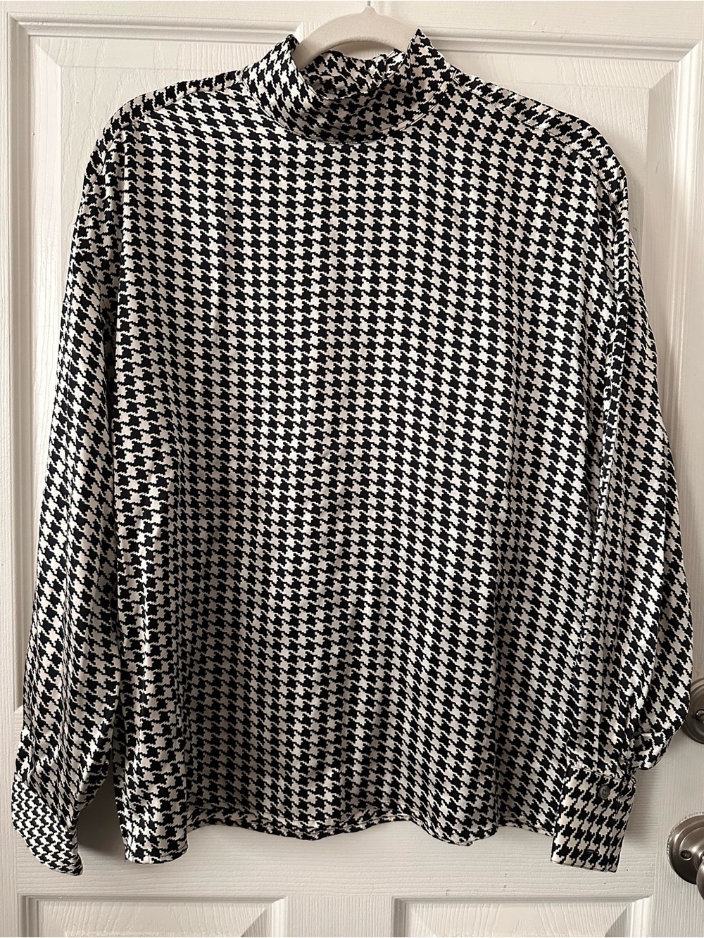 Silk Houndstooth Print High Collared Blouse